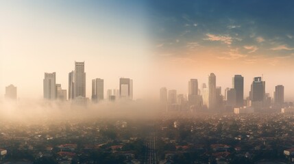 cityscape with clear sky versus smog-filled sky, illustrating the contrast of air pollution generative ai