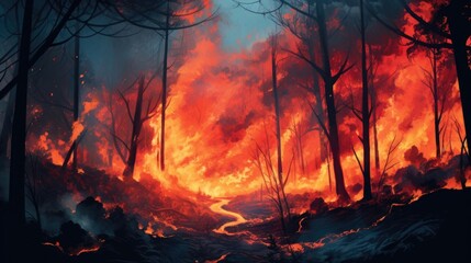 wildfire raging in a forest, a direct result of prolonged dry seasons and climate change generative ai