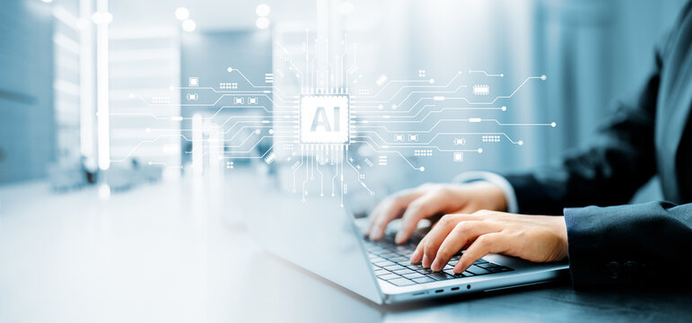 Businesswomen using laptop with ai global data network connect, learning technology artificial intelligence, modern innovation, autonomous machine brain, science, futuristic technology transformation.