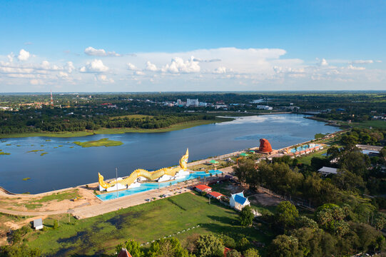 Aerial view of The Toad Frog Museum in square landmark monument in Yasothon. Top view, Isan urban city town, Thailand.