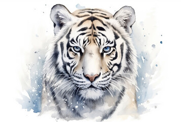 Fototapeta na wymiar Watercolor portrait of a white tiger in the snow. Animal illustration. Generative AI.