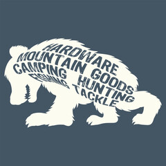 Illustration Grizzly bear tattoo with background mountain Text Happy camping and number 96 with brush paint. Cool fashion style.