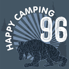 Illustration Grizzly bear tattoo with background mountain Text Happy camping and number 96 with brush paint. Cool fashion style.