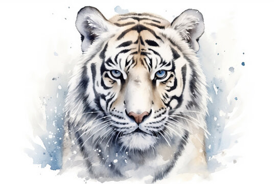Watercolor portrait of a white tiger in the snow. Animal illustration. Generative AI.