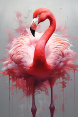 Digital watercolor painting of a red flamingo, grey background. Bird illustration.