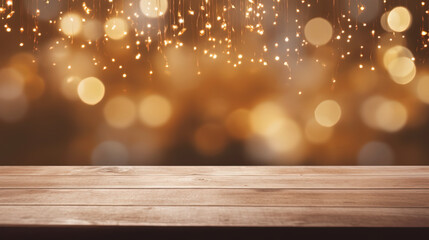 Christmas background with warm bokeh lights and fairy lights.