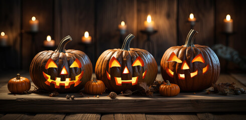 Three carved halloween pumpkins. Generative AI.