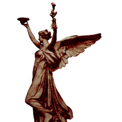 Bronze statue of a Winged Victory. Statue of the goddess Nike, isolated on transparent background