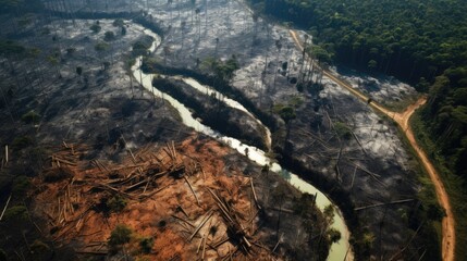 forest experiencing rapid deforestation, showcasing the severe issue of land degradation generative ai