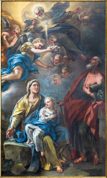 NAPLES, ITALY - APRIL 24, 2023: The painting of St. Ann with the Virgin Mary, Joachim and St. John the Baptist in the church Chiesa di San Giuseppe a Chiaia by Nicola Malinconico (1663—1721).