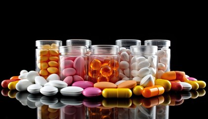 Various pills and tablets in glass container. Black background.