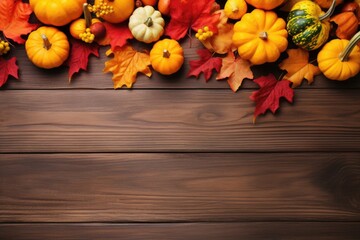 Halloween themed mockup with wooden planks and autumn colored leaves and pumpkins with copy space