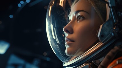 Closeup portrait of a female astronaut wearing a helmet