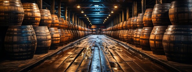Nestled in the dim embrace of the aging facility, rows of barrels stand in solemnity. Housing whiskey, bourbon, and scotch, they guard the liquid gold within, as time crafts its flavor and character. - obrazy, fototapety, plakaty