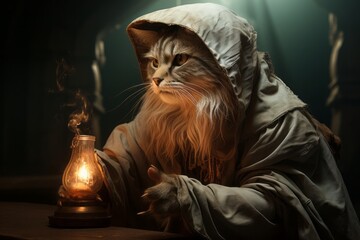 Enveloped in a hoodie's embrace, a cat clutches a candle, casting a warm, mysterious glow. This feline guardian of light merges whimsy with a touch of the arcane.

