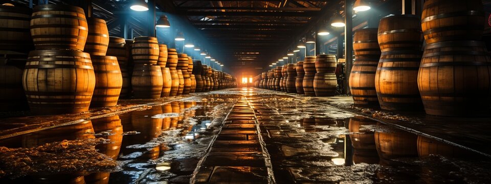 Amidst dimly lit corners, whiskey, bourbon, and scotch barrels rest, aging gracefully. The air, heavy with anticipation, holds secrets of time-perfected spirits.

