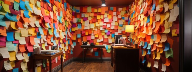 A kaleidoscope of ideas comes alive on a wall filled with vibrant sticky notes. Each hue holds a thought, a task, a memory – a mosaic of creativity and reminders in technicolor splendor. - obrazy, fototapety, plakaty
