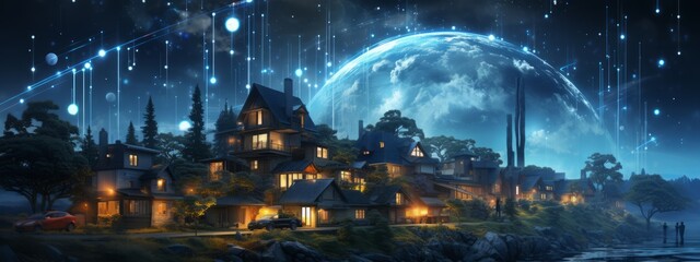 In the night's embrace, suburban homes glow, digitally connected. Here, DX and IoT redefine society, crafting a digital community.

