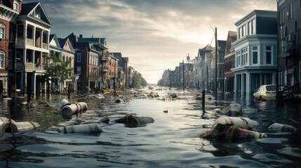 coastal city experiencing flooding due to sea level rise, a sign of climate change generative ai - obrazy, fototapety, plakaty