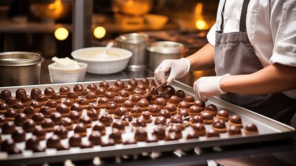 skilled chocolatier making chocolates in a sweet-smelling kitchen generative ai - obrazy, fototapety, plakaty
