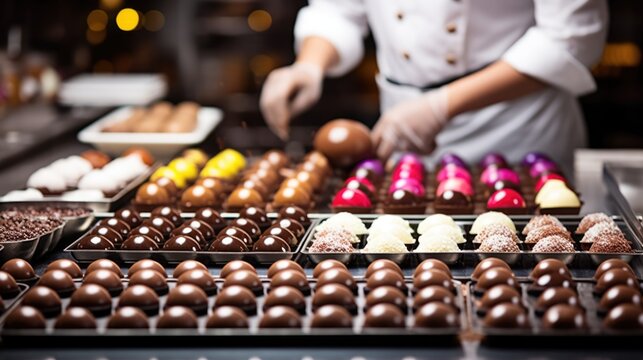 skilled chocolatier making chocolates in a sweet-smelling kitchen generative ai