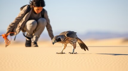Obraz premium professional falconer training a falcon in a desert generative ai