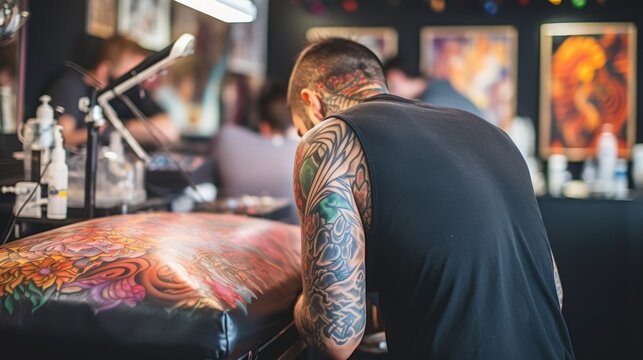 tattoo artist tattooing a client in a tattoo parlor generative ai
