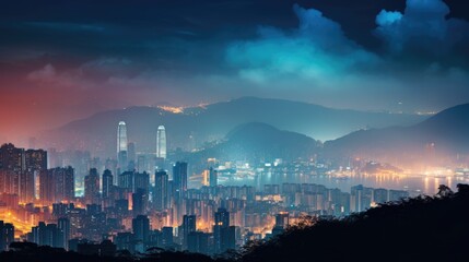Fototapeta premium smoggy city lights at night, showcasing the issue of light pollution generative ai