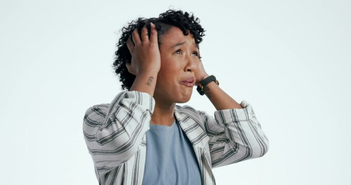 Stress, woman and hands on head in studio for fear, horror or mental health crisis on white background. Anxiety, psychology and lady scared with trauma, depression or schizophrenia, bipolar or grief