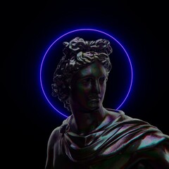 Obraz premium 3D illustration of a Greek God Apollo with a neon halo around the head.