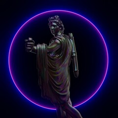 3D illustration of a Greek God Apollo with a neon halo around the head.