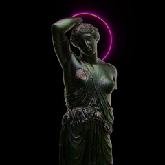 Roman statue of Wounded Amazon with neon ring light