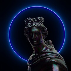 3D illustration of a Greek God Apollo with a neon halo around the head.