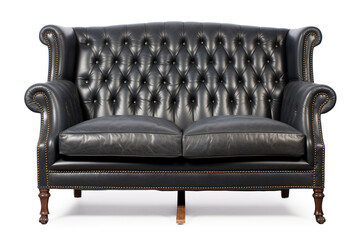 Old black leather sofa furniture isolated on white background. 
