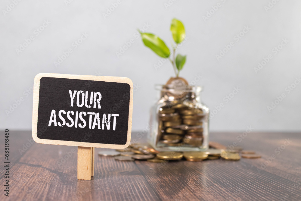 Poster red notepad magnifier and calculator. text your assistant. target your customer