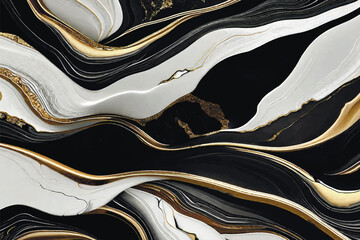 Black white gold liquid 3d abstract marbled background with golden wavy lines. Marble stone texture, jasper. Ornamental art Deco marble textured waves pattern. Fake painted artificial stone texture - 638199010