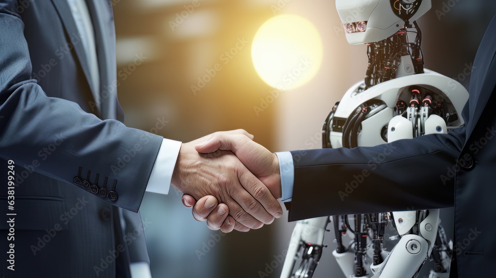 Aufkleber digital robot handshake human background futuristic digital age robot science digital technology ai