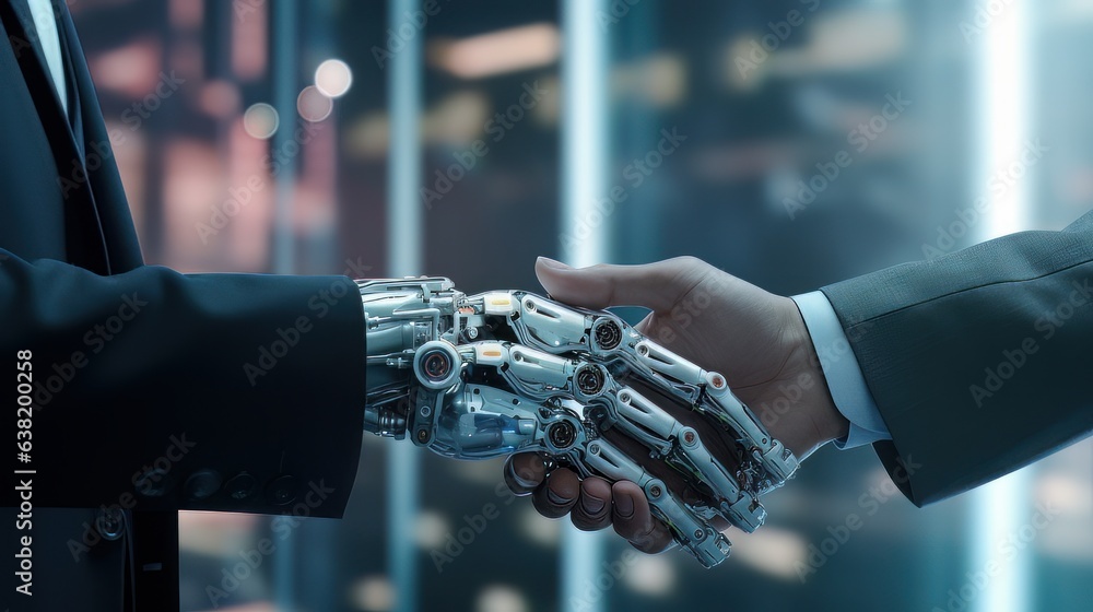 Poster digital robot handshake human background futuristic digital age robot science digital technology ai