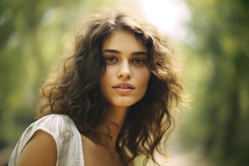 Naklejka premium Realistic Digital Painting Portrait of a Beautiful Fictional Brunette Woman Smiling. Generative AI Illustration.