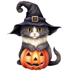 Whimsical Halloween Cat and Pumpkin Watercolor, Witch Cat, Spooky Autumn Fantasy. Isolated on Transparent Background. Generative AI