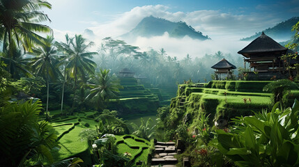 Hillside in Indonesia, Ubud, temple in the distance, mountains, green landscape