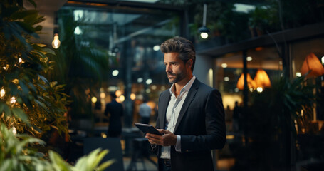 Businessman looking at digital tablet in dedicated sales office and discussing deal with client in company