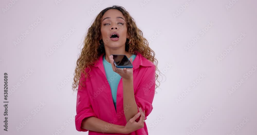 Poster woman, annoyed and talking with voice note studio and thinking with rolling eyes by white background
