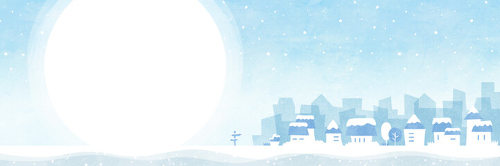 雪が積もった冬の街の背景イラスト 月明かりの中の家やビル群の風景