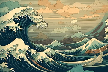 Abstract Hokusai style background, Waves with sea