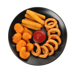 Tasty chicken nuggets, fried onion rings, cheese sticks and ketchup isolated on white, top view