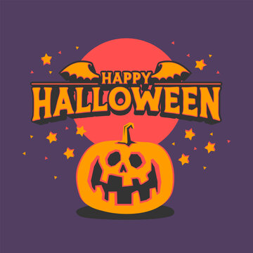 Happy halloween banner design with carved pumpkin. Retro modern style illustration. Funny vintage Jack o Lantern.