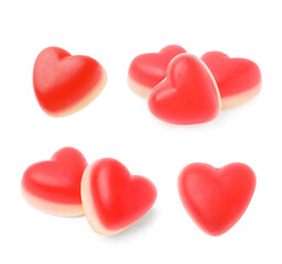 Set with heart-shaped chewy candies isolated on white