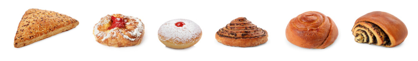 Set with different freshly baked pastries isolated on white