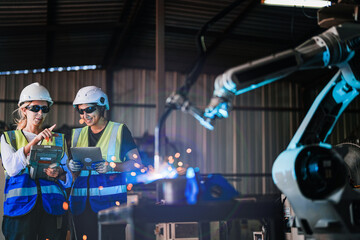 factory engineers using smart control to control the arm robot machine for cutting the metal sheet....